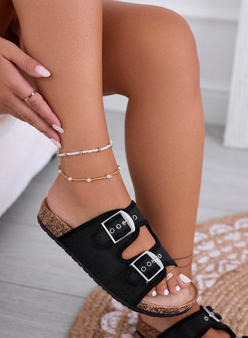 KETTY - Sandalias de tela negra con hebillas