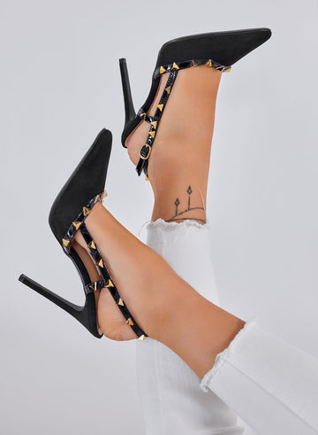 KIMM - Zapatos de Tacón Altos Slingback Negros con Tachuelas Doradas