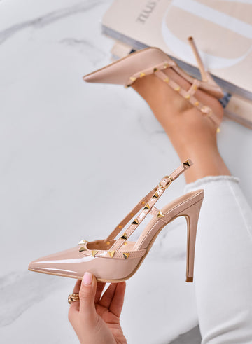 KIMM - Zapatos de Tacón Altos Slingback Nude con Tachuelas Doradas