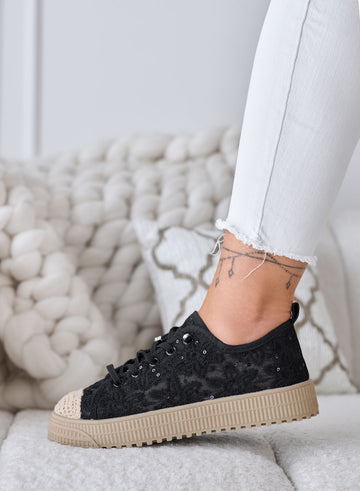 KISHA - Zapatillas negras de encaje con efecto transparente