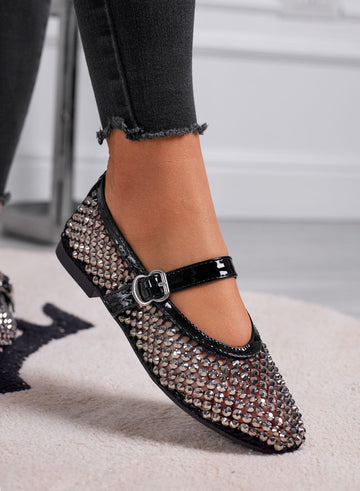 LAVINIA - Bailarinas negras con strass y cinturón ajustable