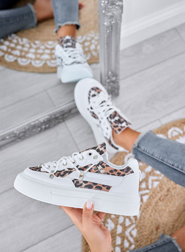 LESTER - Zapatillas blancas platform con detalles animal print de leopardo