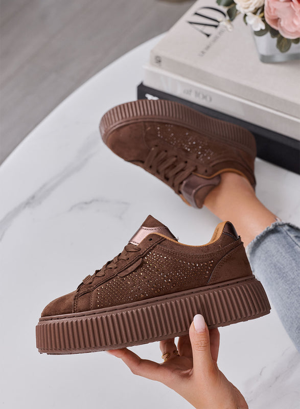 LIBERA - Sneakers Donna marroni con Strass e Suola Platform Alta