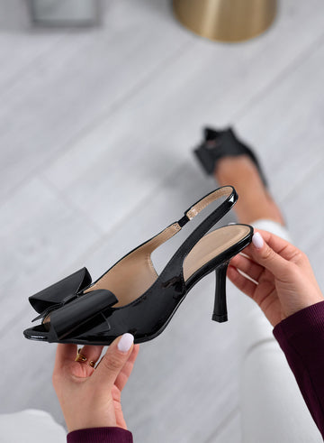 LISA - Zapatos Slingback Negros de Charol con Lazo y Tacón