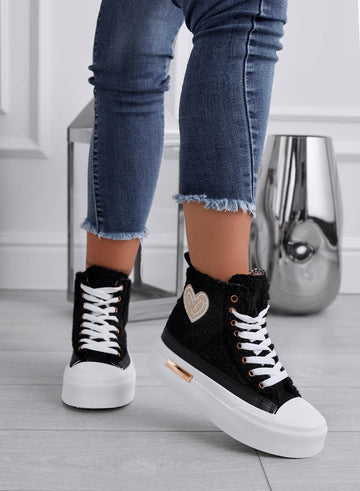 Black high-top sneakers in faux fur with gold heart