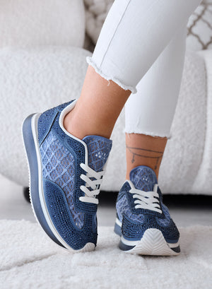LORENA - Zapatillas Azules con Encaje y Brillantes de Strass