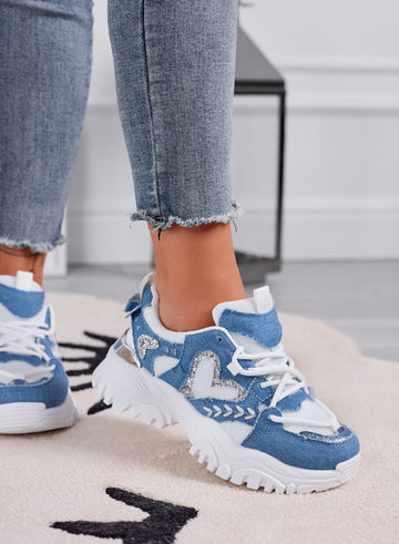 LORY - Zapatillas deportivas blancas para mujer con corazón y detalles en azul jeans
