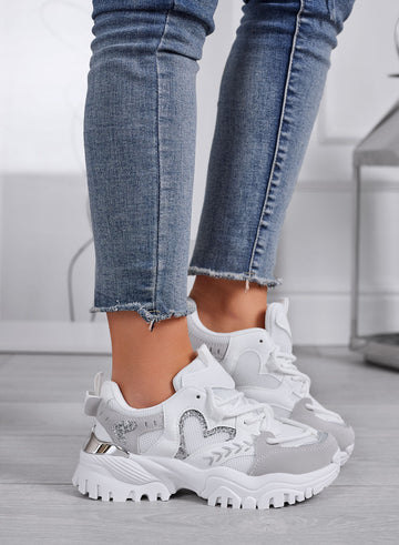 LORY - Zapatillas deportivas blancas para mujer con corazón y detalles grises