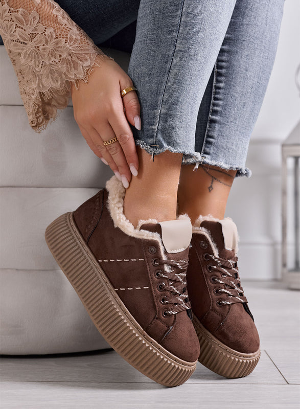 LUANA - Sneakers Donna marroni con Pelliccia Interna e Suola Platform