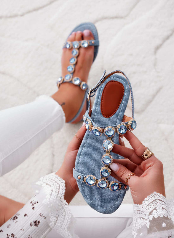 LUCINDA - Sandalias planas joya denim azul con piedras