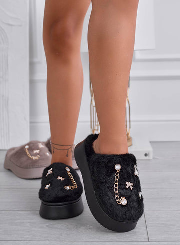 LUDOVICA - Pantuflas de pelo sintético negras con aplicaciones de joyas doradas