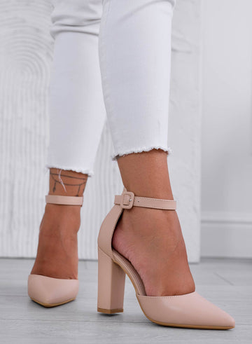 LUNA - Beige pumps with ankle strap and heel