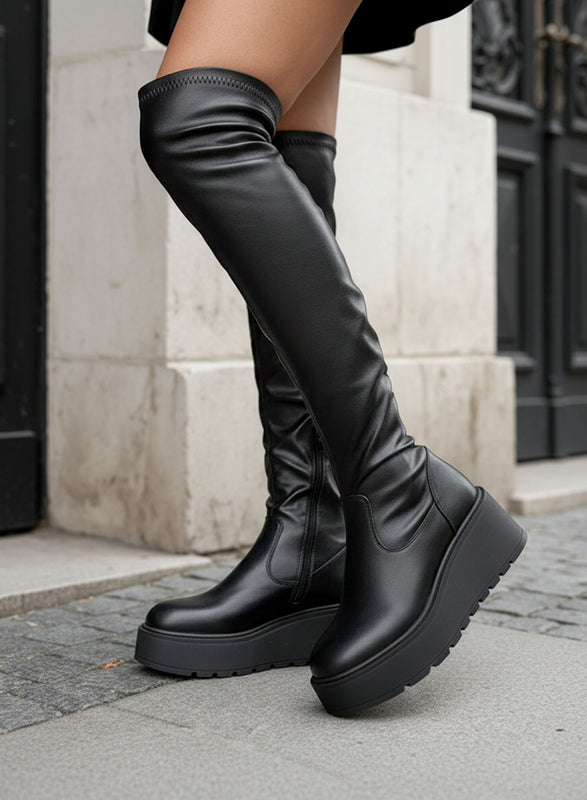 MARA - Black over-the-knee wedge boots in faux leather