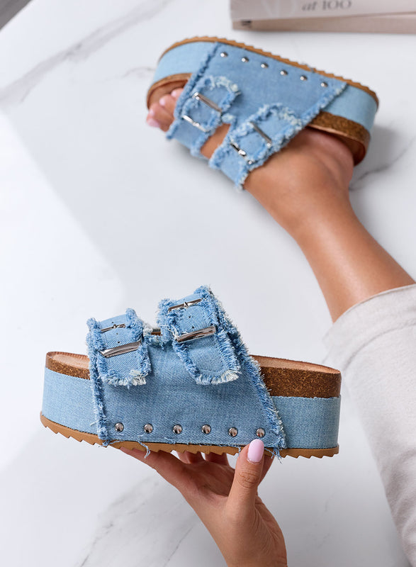 MARGOT - Sandali Ciabatte Platform in Denim azzurro con Fibbie