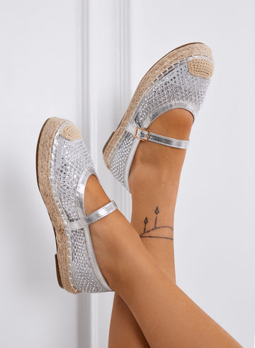 MARIKA - Silver espadrilles with rhinestones and ankle strap on rope sole