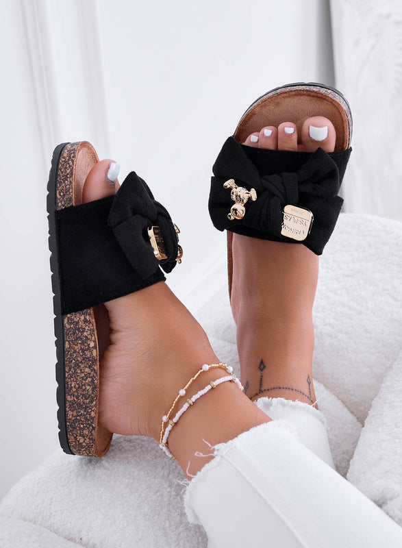 MARINA - Sandalias tipo zapatilla negras con lazo y peluche dorado