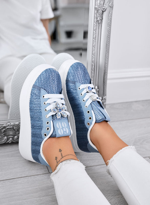 MARISA - Zapatillas azules platform con aplicación de joya
