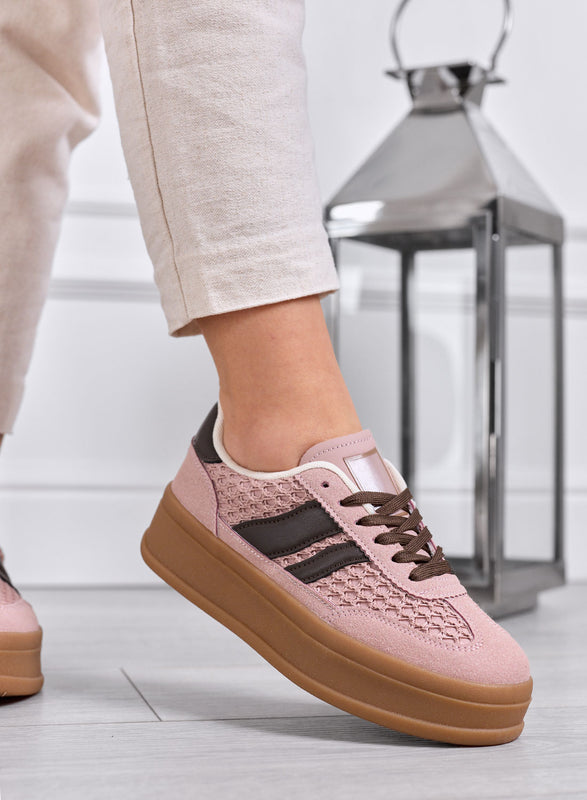 MARISOL - Zapatillas rosas con detalles marrones y suela de goma