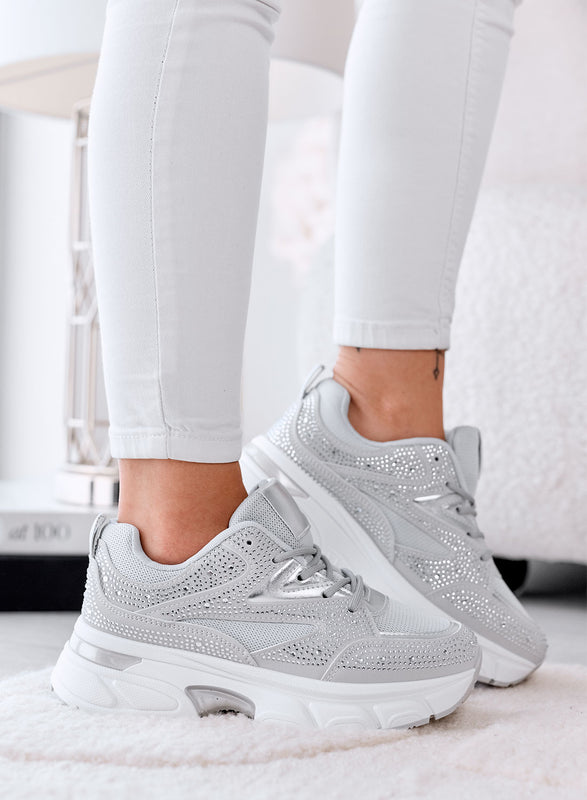 MARTINA - Baskets grises avec strass et semelle plateforme épaisse