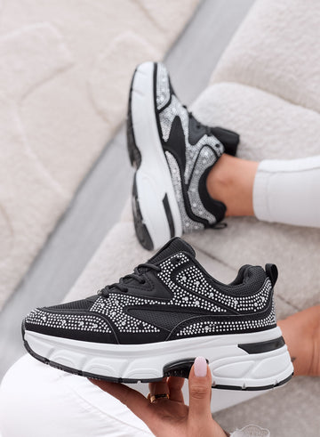 MARTINA - Zapatillas negras con strass plateados y suela plataforma chunky
