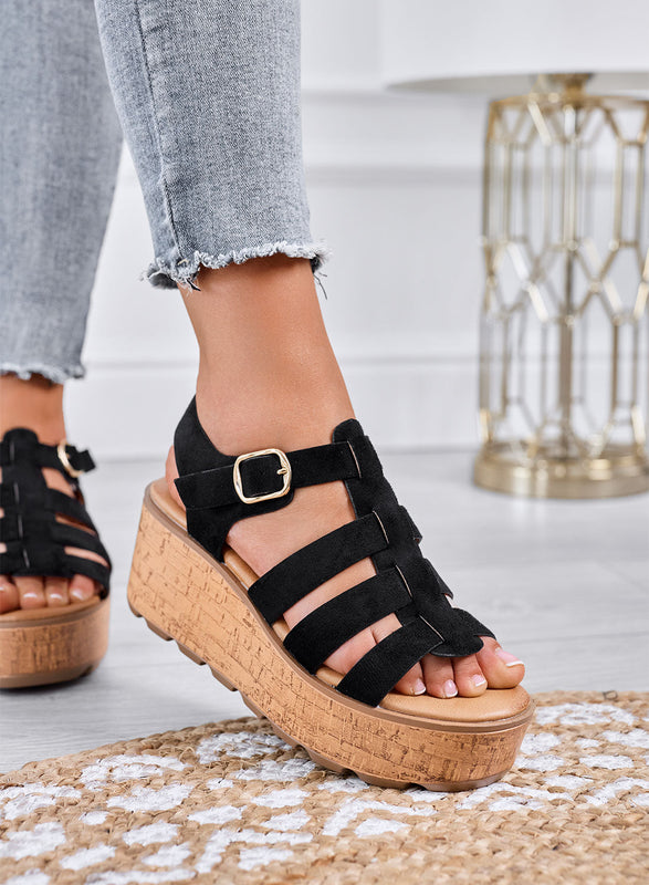 MATILDE - Sandalias negras con cuña platform efecto corcho