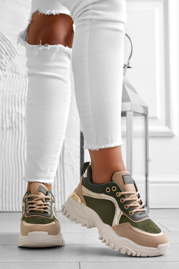 Green sneakers with thick sole and contrasting panels