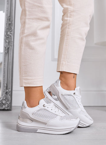 MELEK - Zapatillas blancas con detalles plateados y suela plataforma