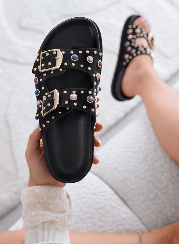 MILA - Black Sandals Slippers with Gold Buckles and Jewel Studs