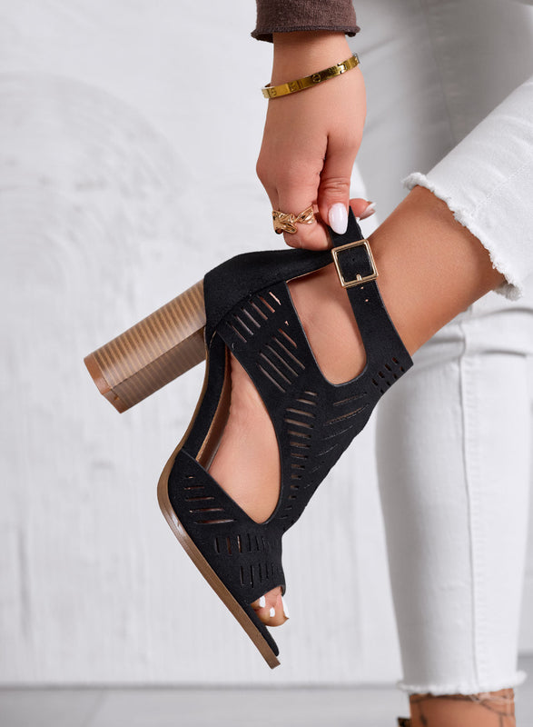 MILLER - Sandalias negras Perforadas con Tacón Largo Efecto Madera