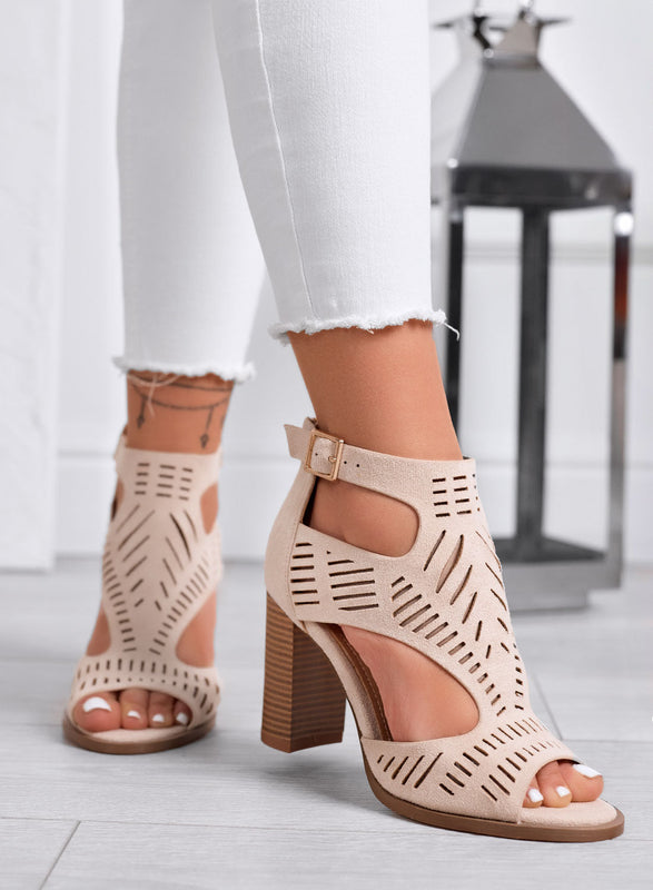 MILLER - Sandalias beige Perforadas con Tacón Largo Efecto Madera
