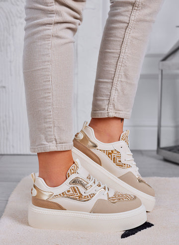 MILLY - Zapatillas beige con detalles en tejido laminado dorado
