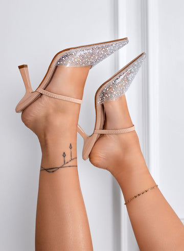 MILVA - Mules elegantes en punta con cristales y tacón estilizado de 8,5 cm