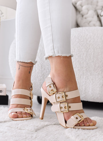 MINA - Sandalias Beige con Hebillas y Tacón Alto