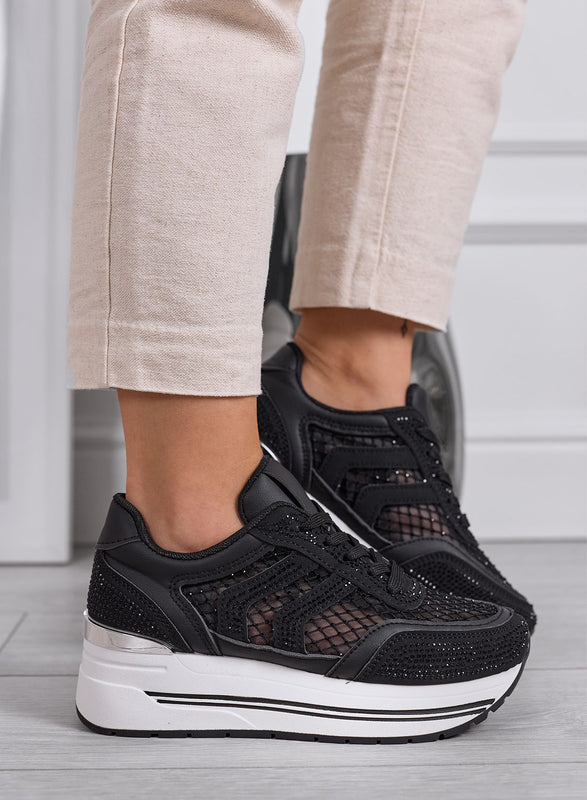 MIRANDA - Black Platform Sneakers with Mesh Inserts and Rhinestones