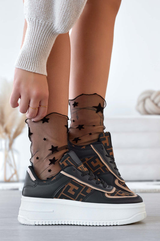 MIRELA - Zapatillas deportivas negras con inserciones de tejido estampado