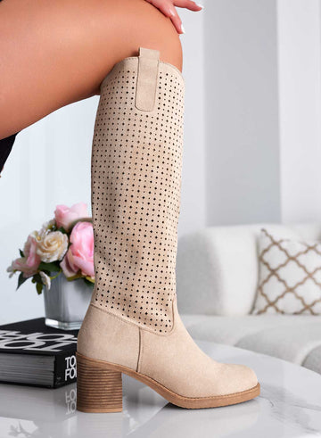 MONIA - Beige perforated boots with comfortable heel