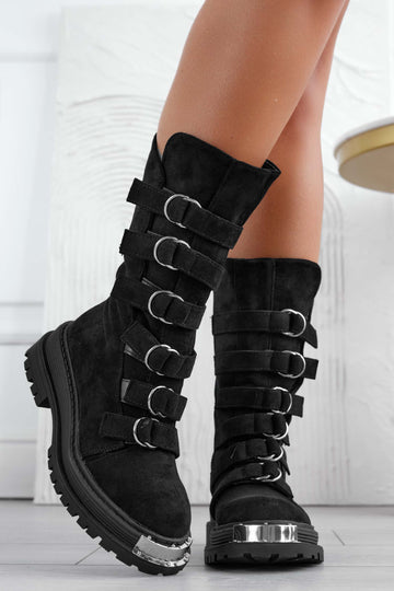 Black combat ankle boots with buckles and silver plate