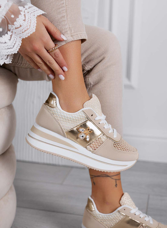 MOORE - Zapatillas beige con malla transpirable y detalle de abeja joya