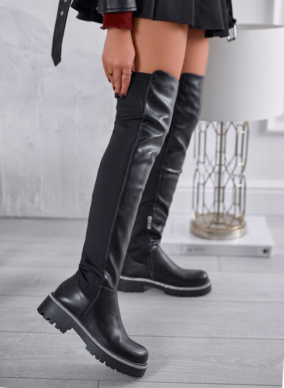 MORITZ - Botas negras por encima de la rodilla con strass y parte trasera de tejido elástico