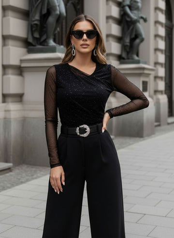 Body noir avec manches en voile et paillettes