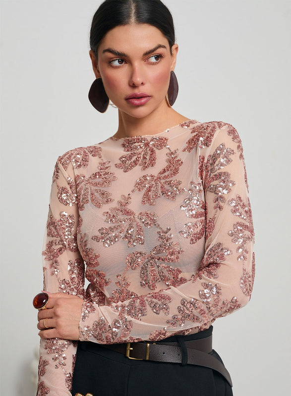 Body nude transparent avec détails en paillettes