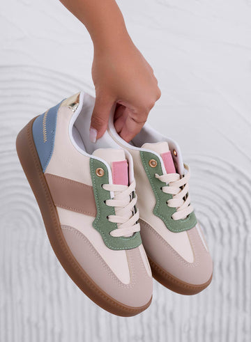NADINE - Baskets beiges avec empiècements contrastés et semelle en caoutchouc