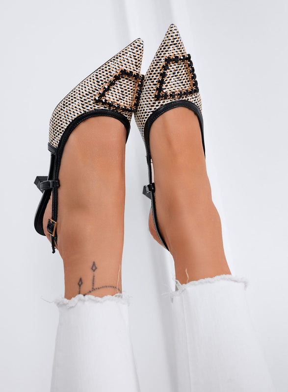 NAIMA - Escarpines negros slingback de tela trenzada con hebilla de joya