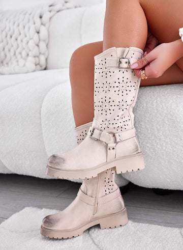 Beige perforated ankle boots with buckles