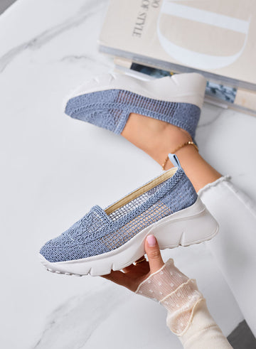 NASTIA - Mocasines azul celeste tipo slip-on calados en crochet con suela chunky blanca
