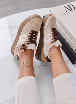 NASTIA - Sneakers Donna beige Scamosciate con Nappine e Perline