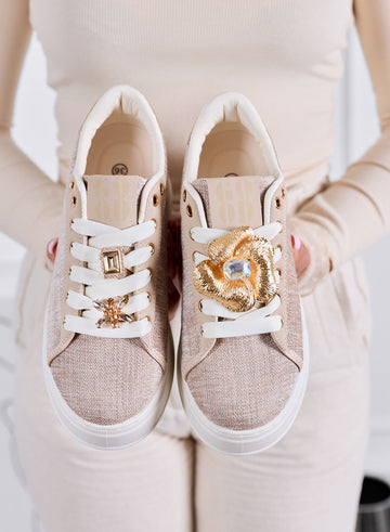 NORA - Sneakers Beige con Applicazioni Gioiello e Suola Platform