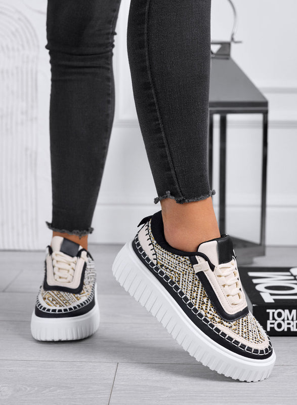 NUNZIA - Zapatillas negras con insertos en tejido laminado dorado