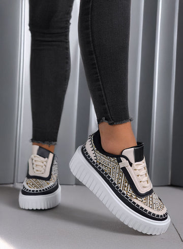 NUNZIA - Sneakers nere con inserti in tessuto laminati oro