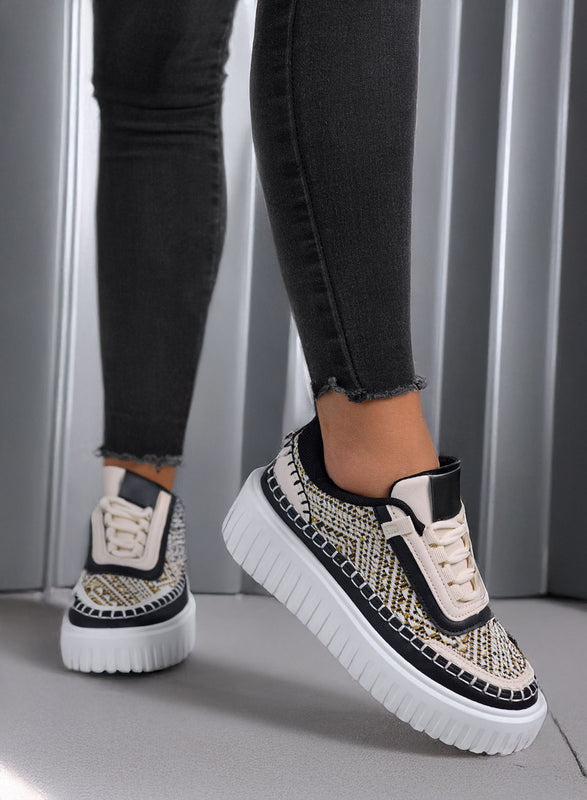 NUNZIA - Black sneakers with gold laminated fabric inserts
